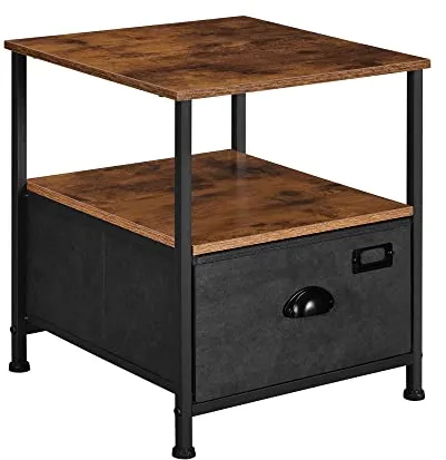 SONGMICS nattduksbord med 2 hyllor och 1 låda - rustik brun MDF och svart konstmocka/metall (41x41)